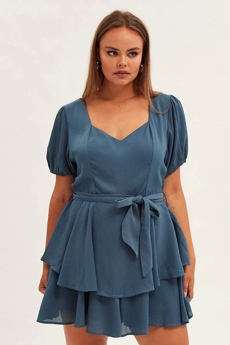 Blue Ruffle Playsuit Short Sleeve Sweetheart Neck - Image 3