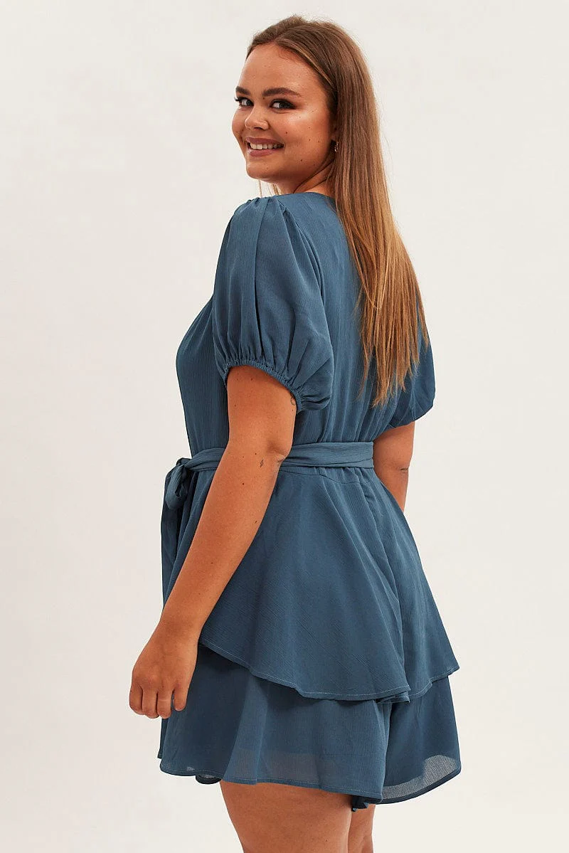 Blue Ruffle Playsuit Short Sleeve Sweetheart Neck - Image 4