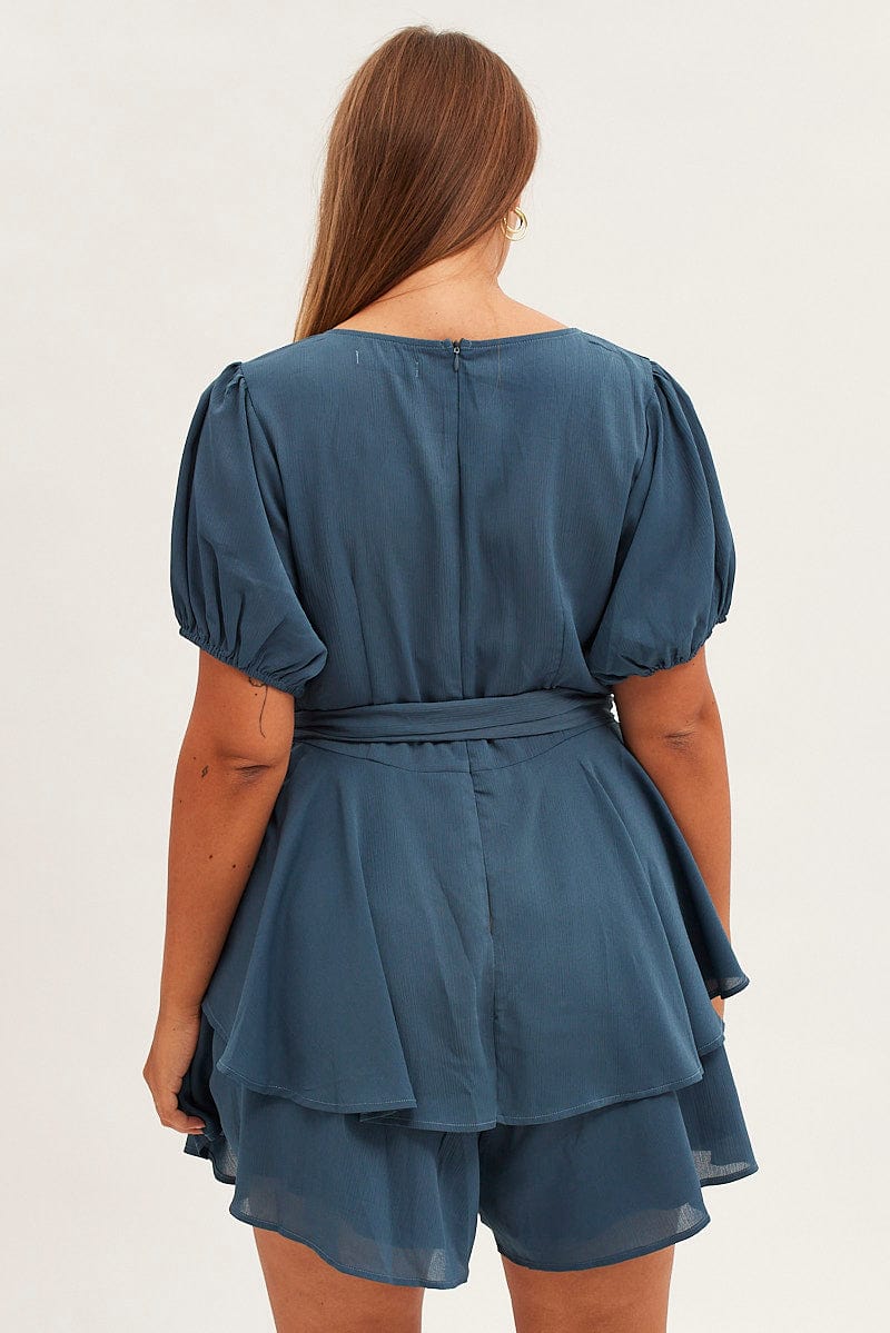 Blue Ruffle Playsuit Short Sleeve Sweetheart Neck - Image 5