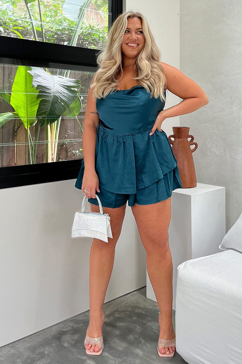 Blue Ruffle Playsuit Sleeveless Cowl Neck Satin