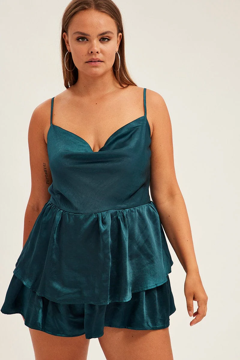 Blue Ruffle Playsuit Sleeveless Cowl Neck Satin - Image 2