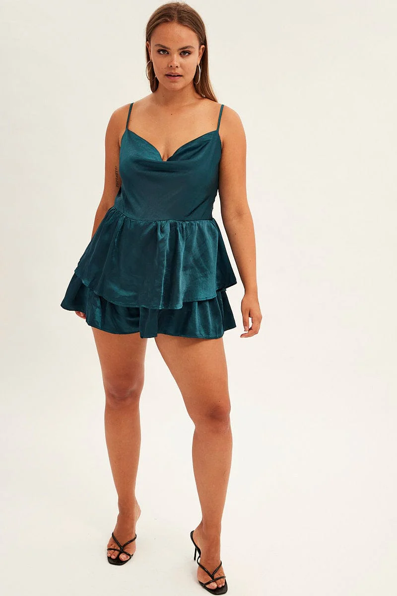 Blue Ruffle Playsuit Sleeveless Cowl Neck Satin - Image 3