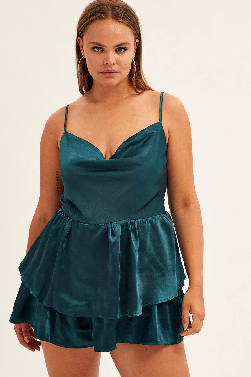 Blue Ruffle Playsuit Sleeveless Cowl Neck Satin - Image 4