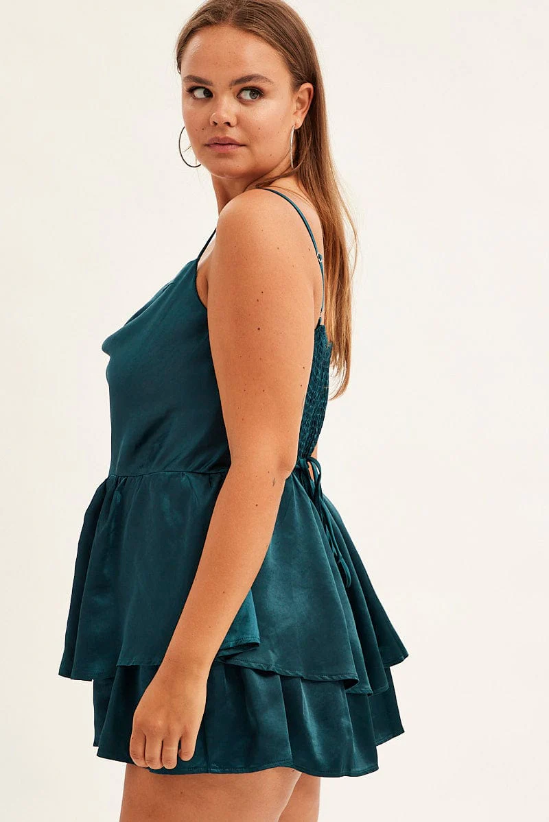 Blue Ruffle Playsuit Sleeveless Cowl Neck Satin - Image 5