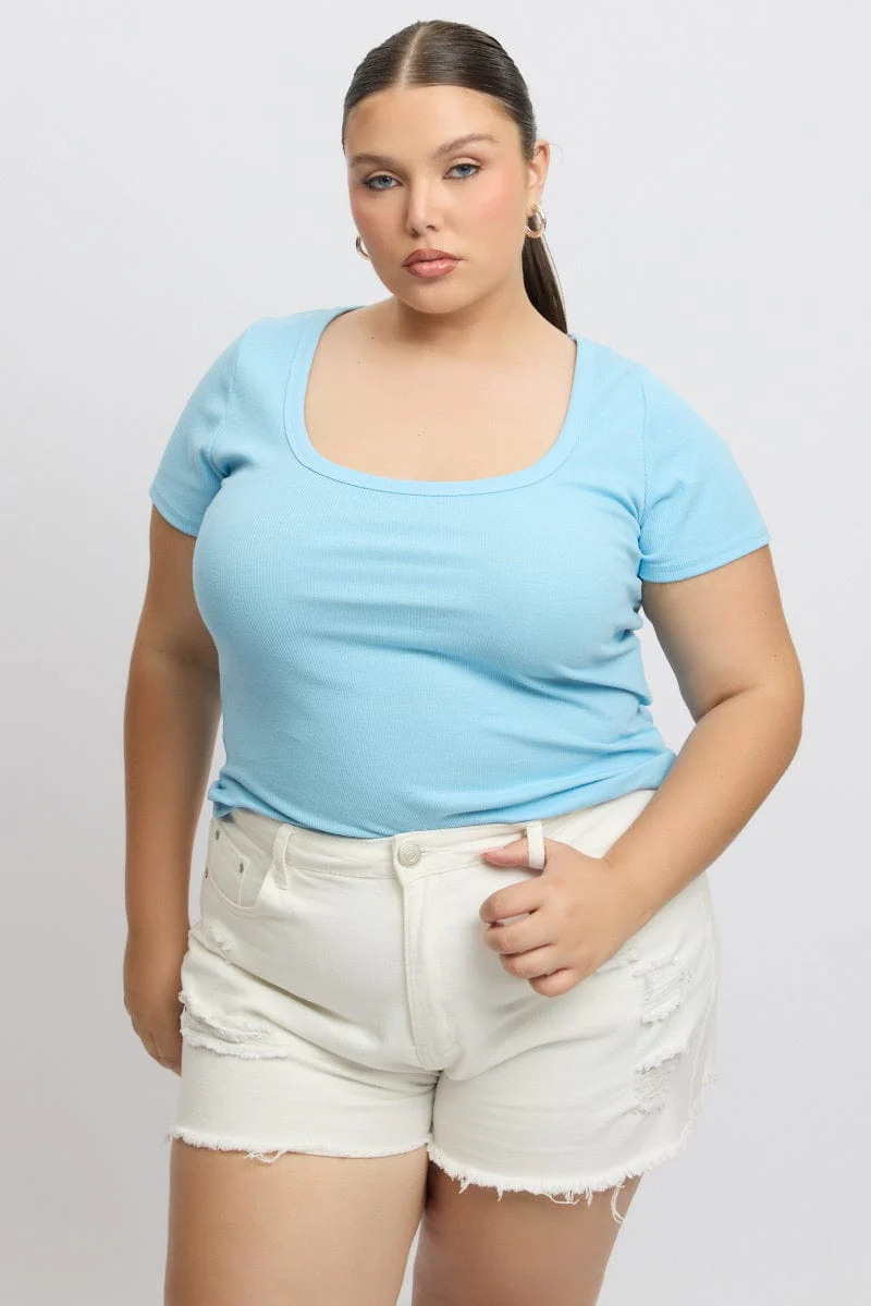 Blue Scoop Neck Short Sleeve Rib T -Shirt - Image 3
