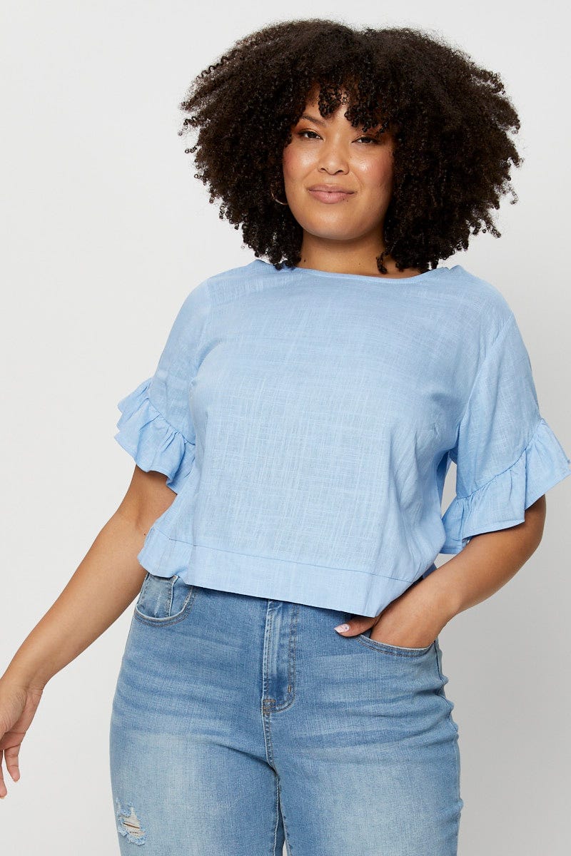 Blue Shell Top Short Sleeve Linen Blend Frill