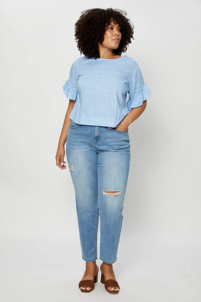 Blue Shell Top Short Sleeve Linen Blend Frill - Image 2