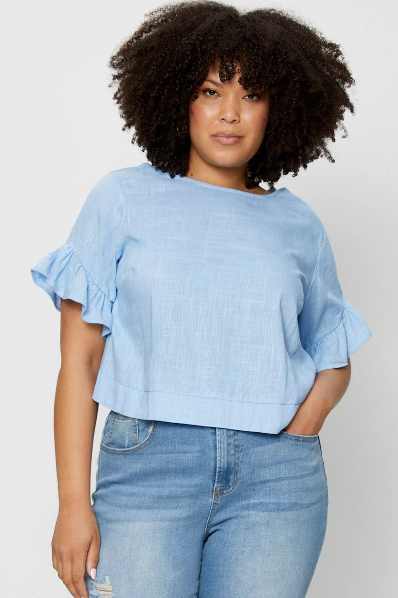 Blue Shell Top Short Sleeve Linen Blend Frill - Image 3