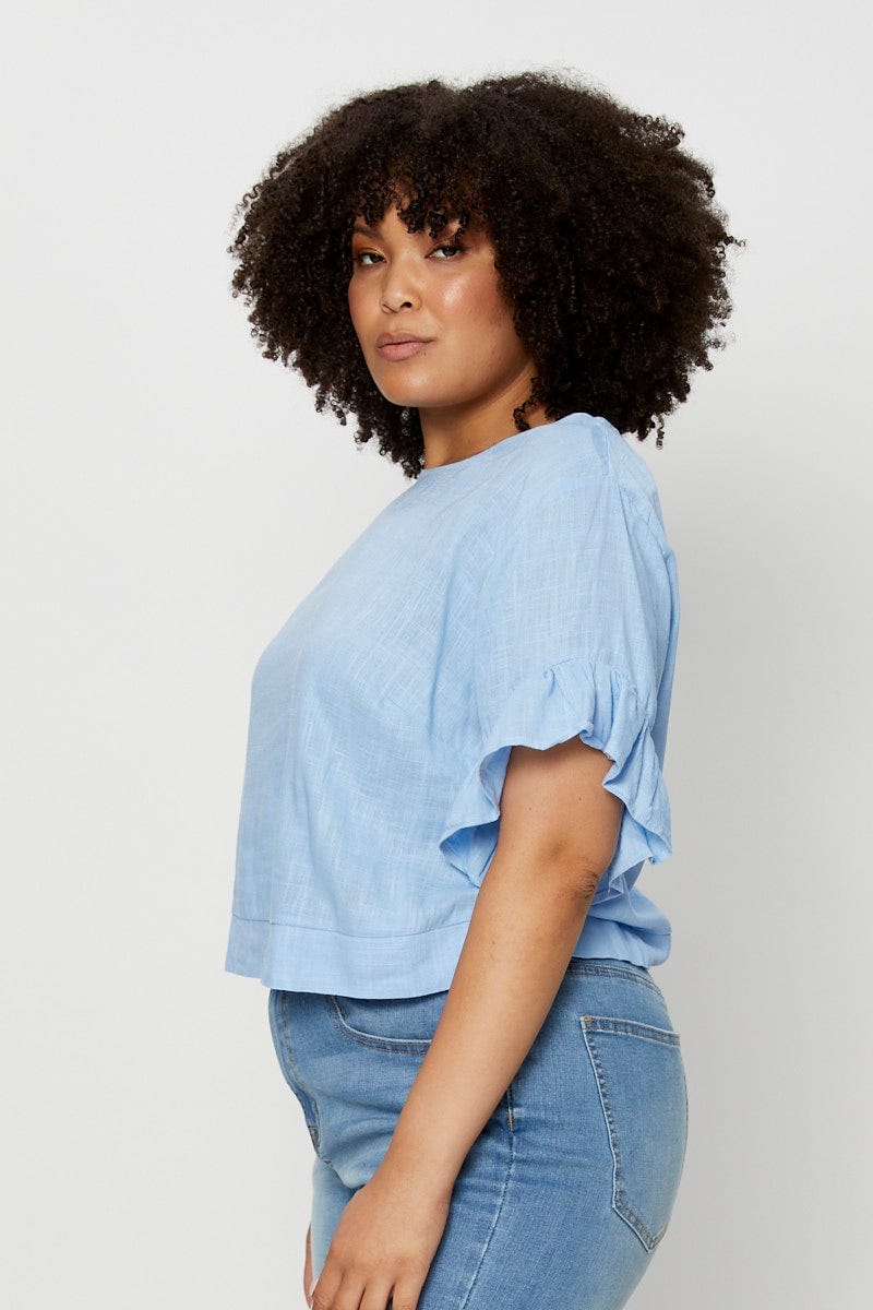 Blue Shell Top Short Sleeve Linen Blend Frill - Image 4