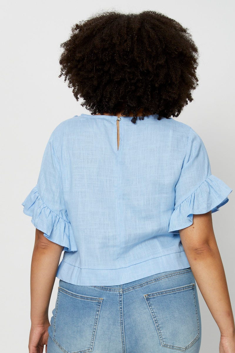 Blue Shell Top Short Sleeve Linen Blend Frill - Image 5