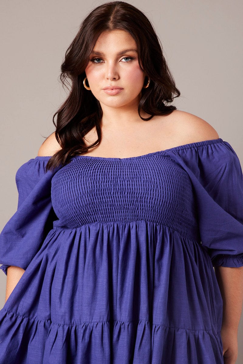 Blue Shirred Tier Cotton Mini Dress - Image 2