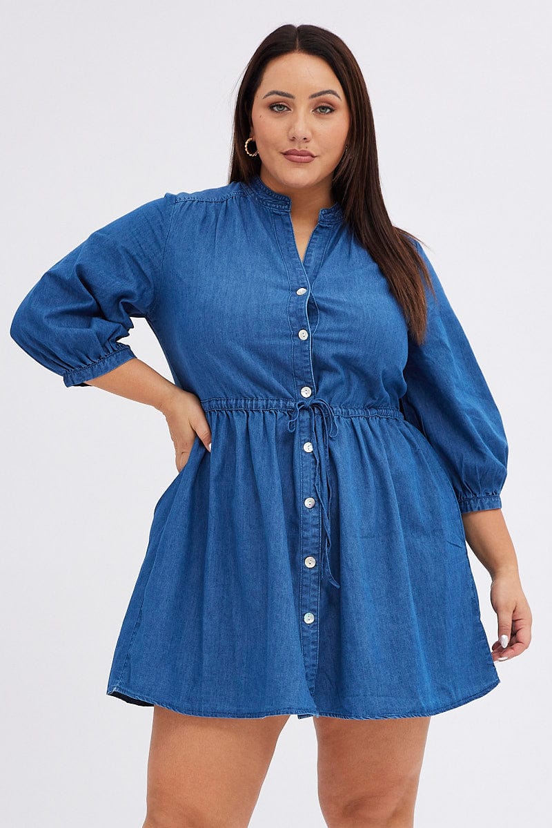 Blue Shirt Dress Denim Look Puff Sleeve - Image 3