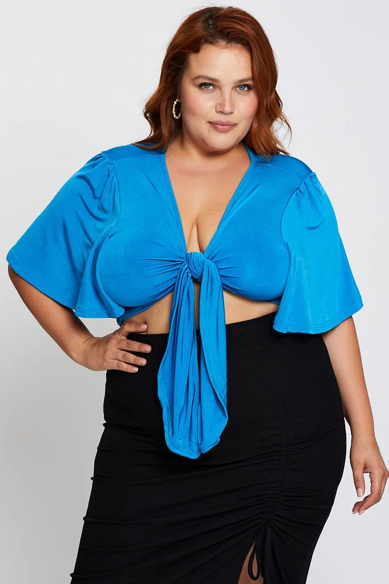 Blue Short Flare Sleeve Front Tie Crop Top - Image 3