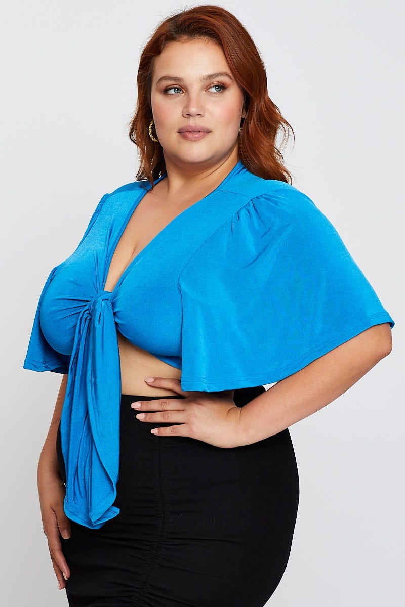 Blue Short Flare Sleeve Front Tie Crop Top - Image 4