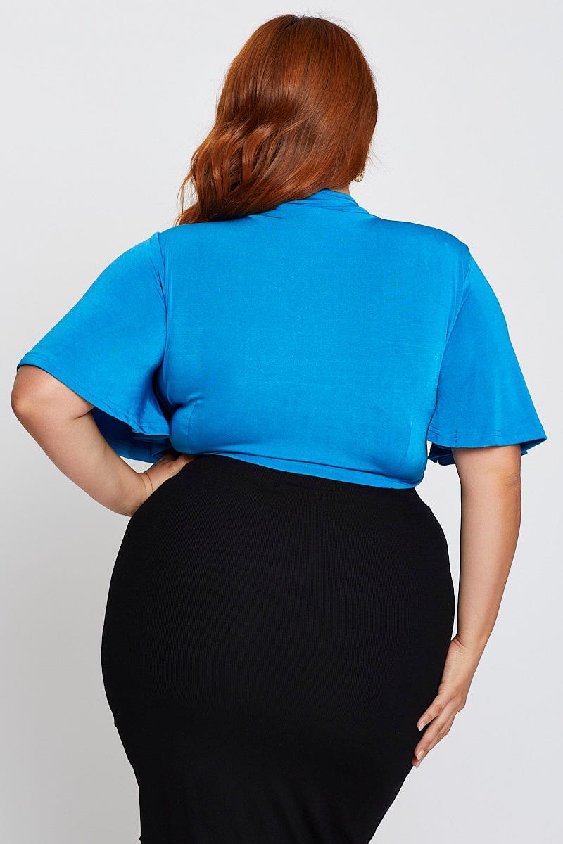 Blue Short Flare Sleeve Front Tie Crop Top - Image 5