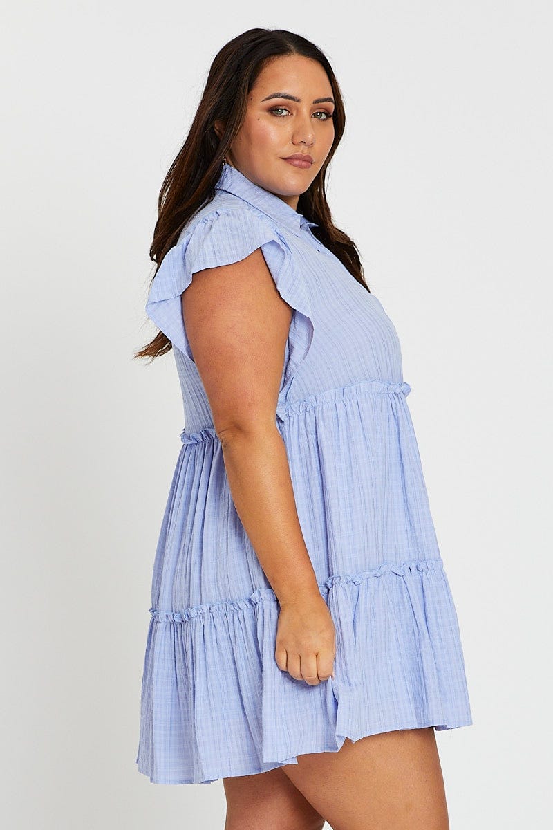 Blue Short Frill Sleeve Textured Frill Black Shirtdress - Image 4