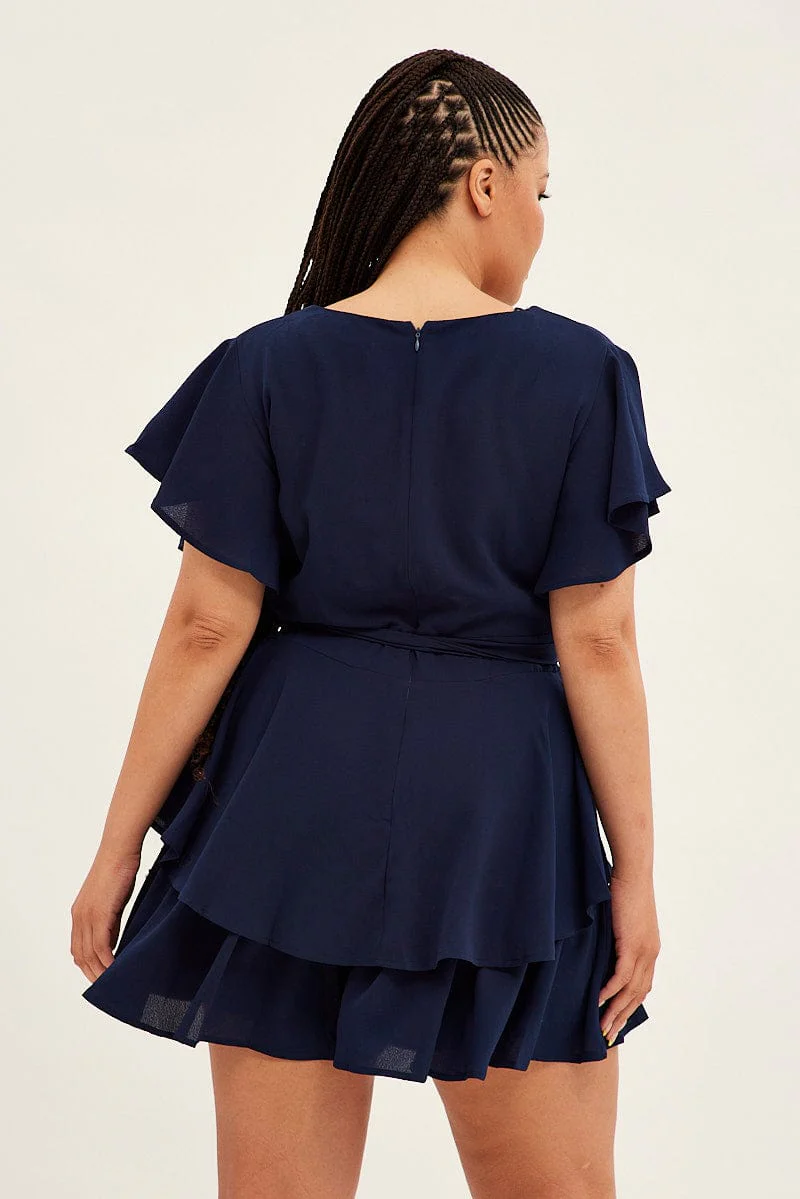 Blue Short Playsuit Frill Leg Waist Tie Crepe - Image 5