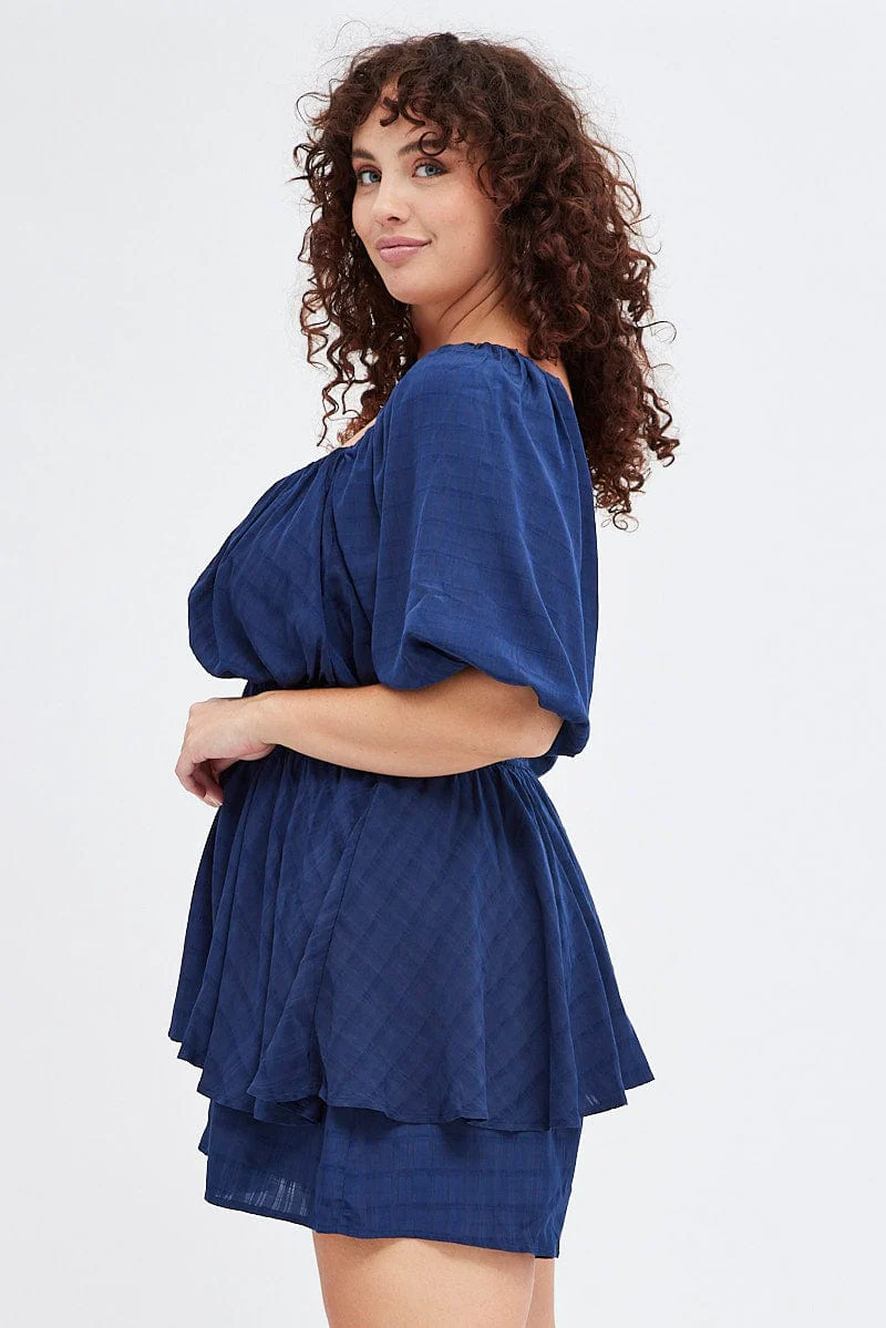 Blue Short Playsuit Textured Ruched Puff Sleeve - Image 5