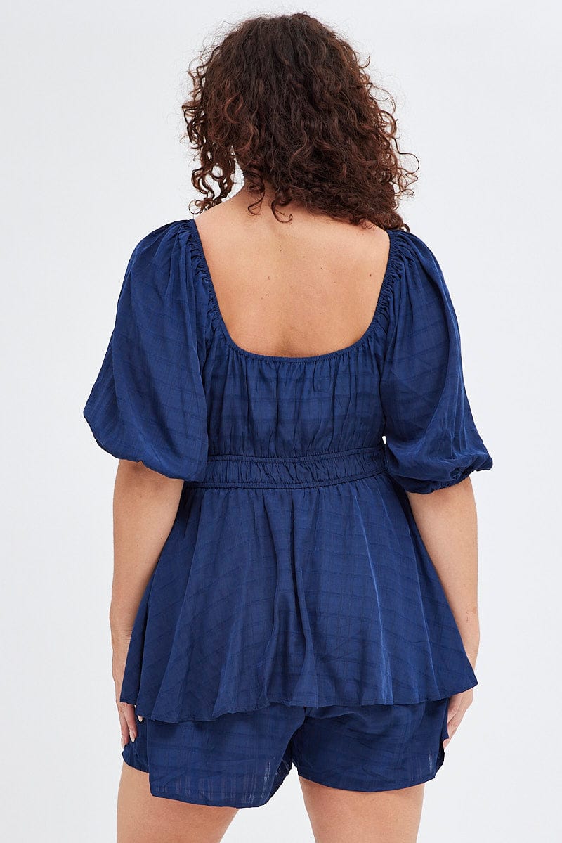 Blue Short Playsuit Textured Ruched Puff Sleeve - Image 6