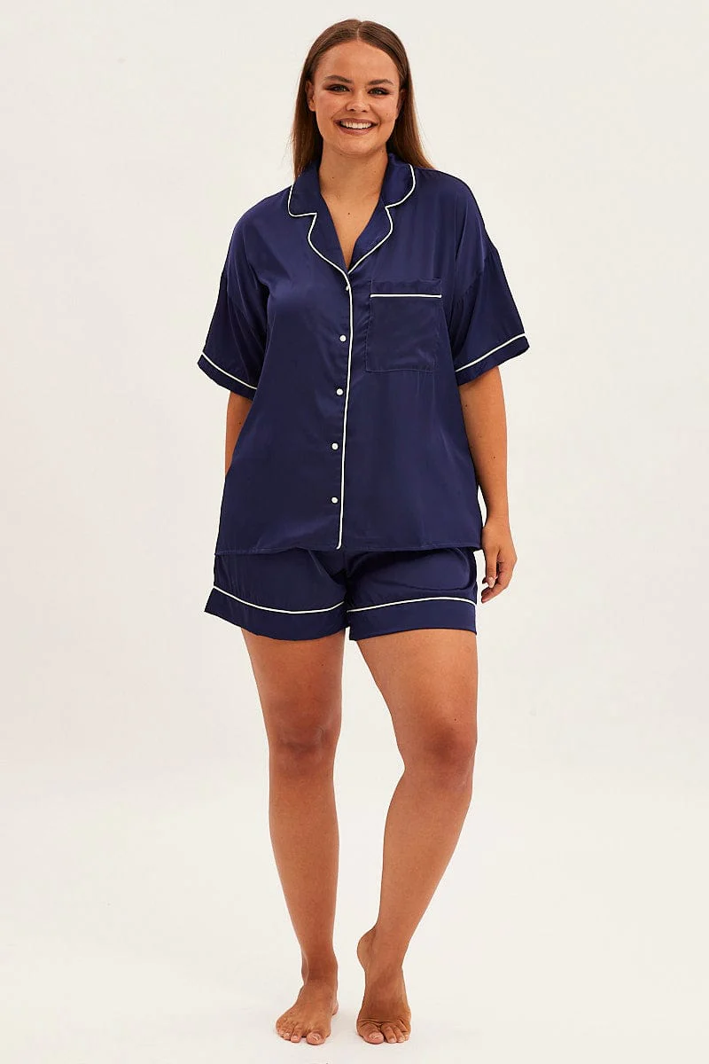 Blue Short Sleeve Top And Shorts Satin Pyjama Set - Image 2