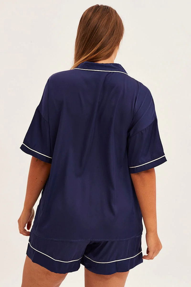 Blue Short Sleeve Top And Shorts Satin Pyjama Set - Image 5