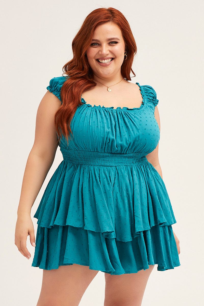 Blue Short Sleeve Waist Shirred Textured Playsuit