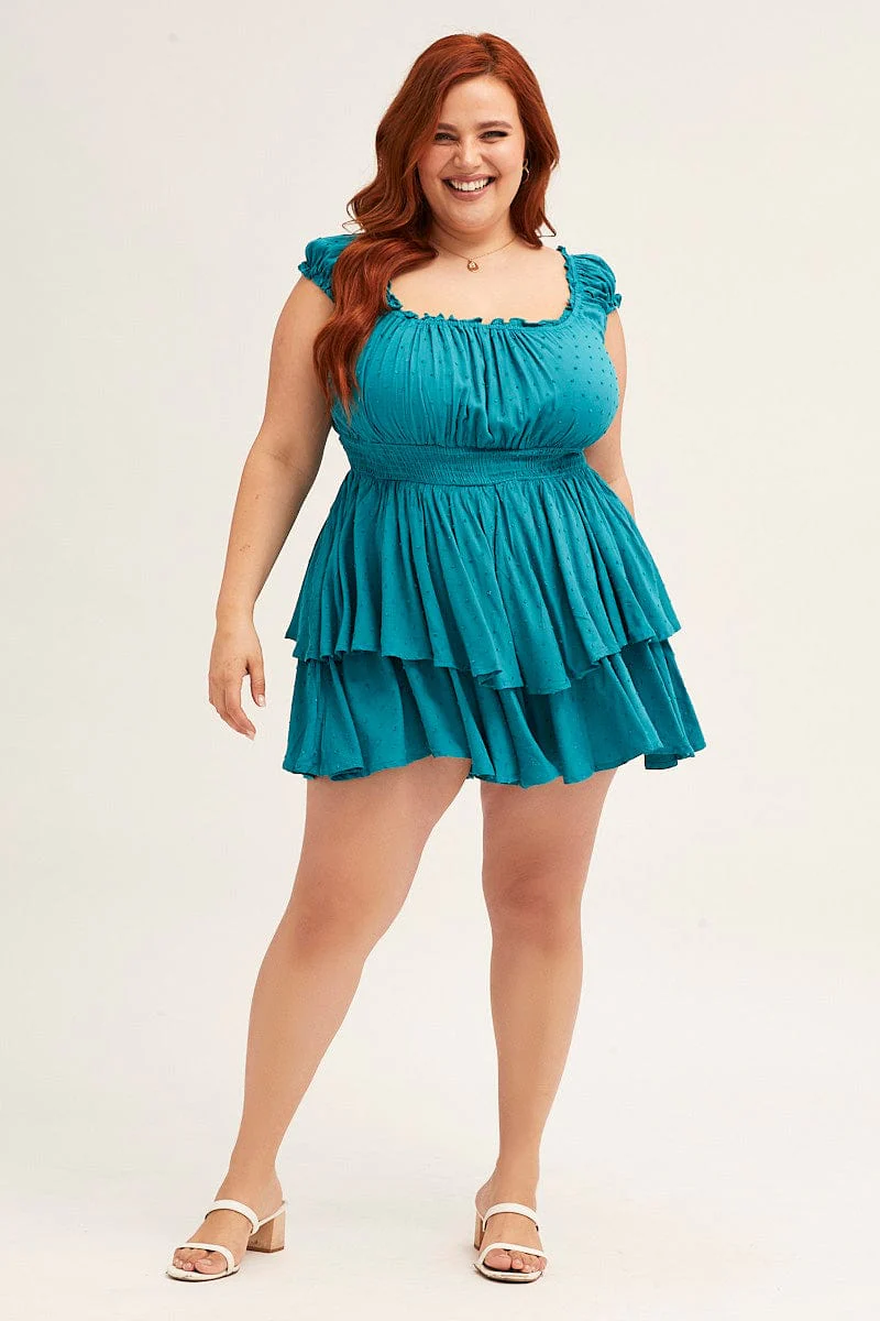 Blue Short Sleeve Waist Shirred Textured Playsuit - Image 2