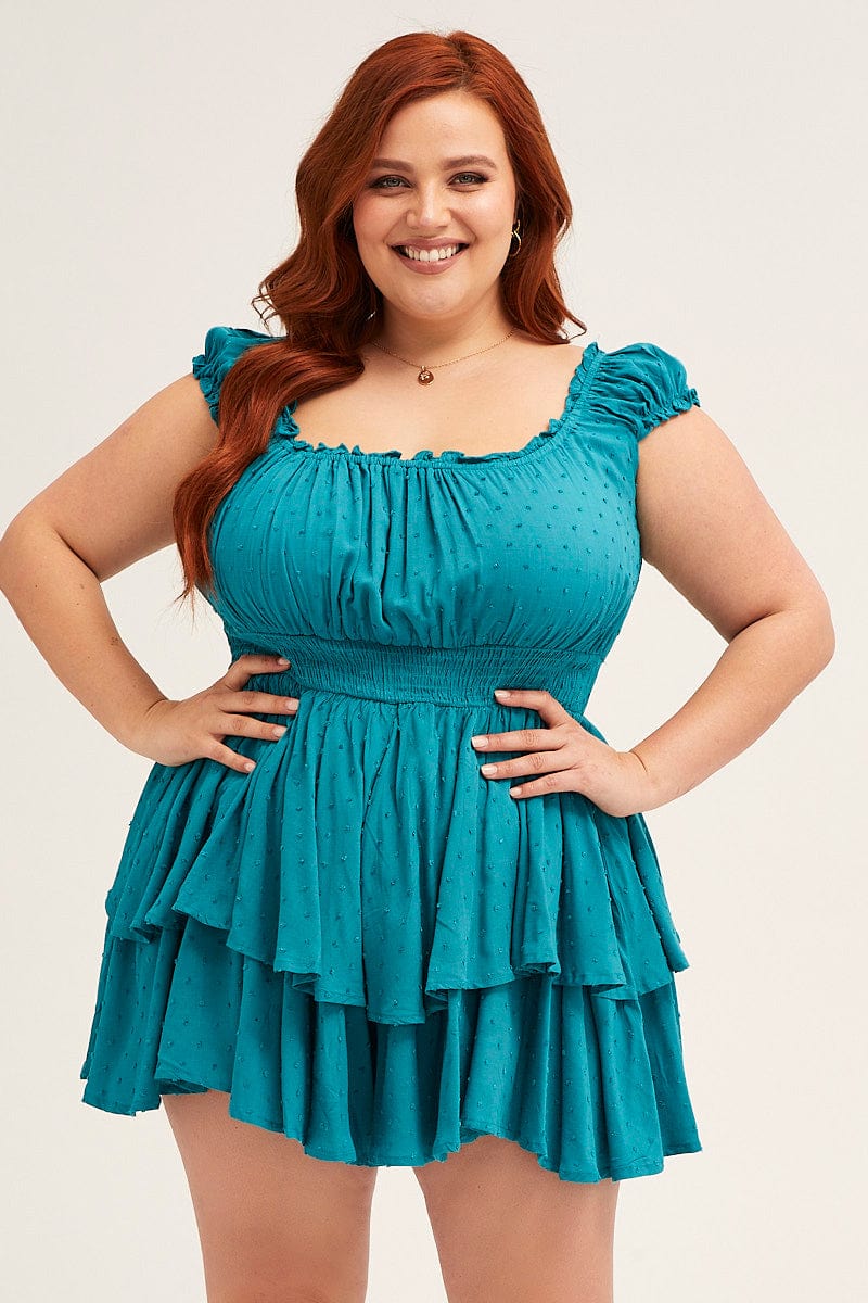 Blue Short Sleeve Waist Shirred Textured Playsuit - Image 3