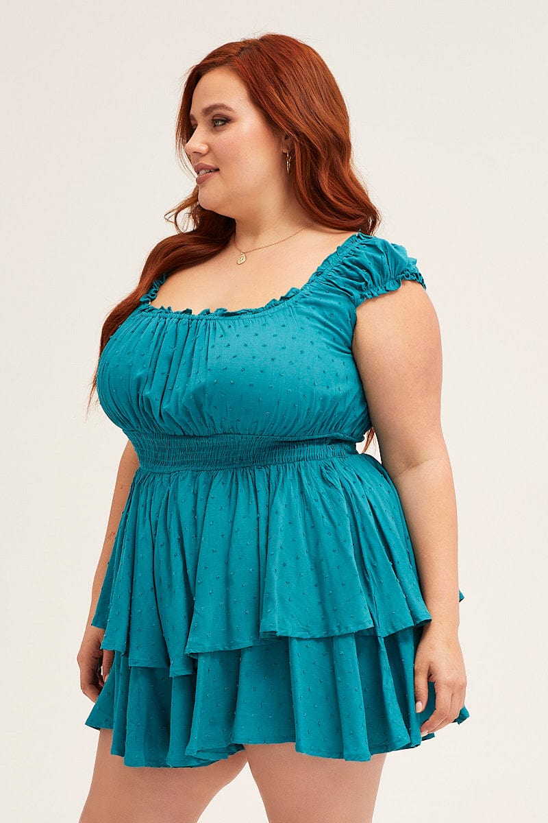 Blue Short Sleeve Waist Shirred Textured Playsuit - Image 4