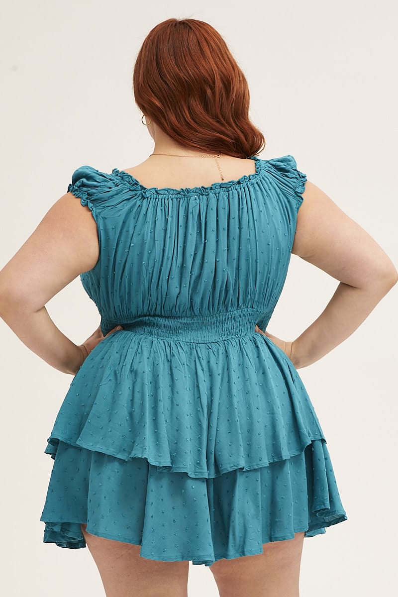 Blue Short Sleeve Waist Shirred Textured Playsuit - Image 5