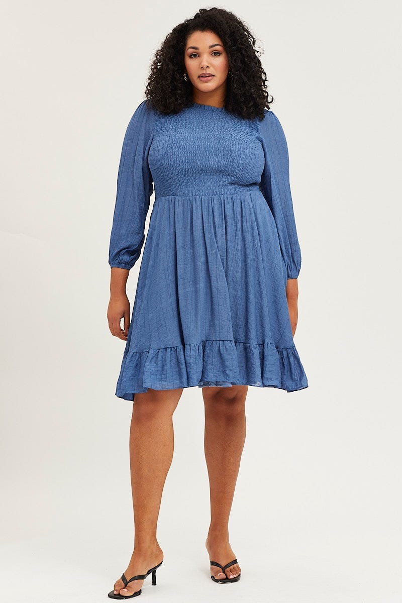 Blue Skater Dress Round Neck Long Sleeve Shirred - Image 2
