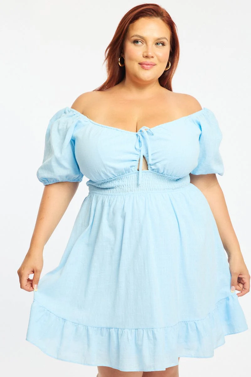 Blue Skater Dress Short Sleeve Cut Out