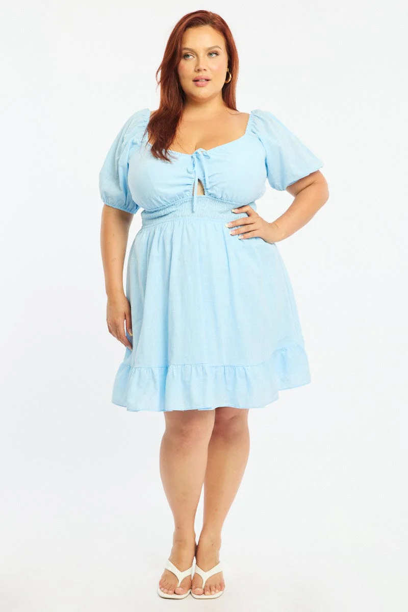 Blue Skater Dress Short Sleeve Cut Out - Image 2