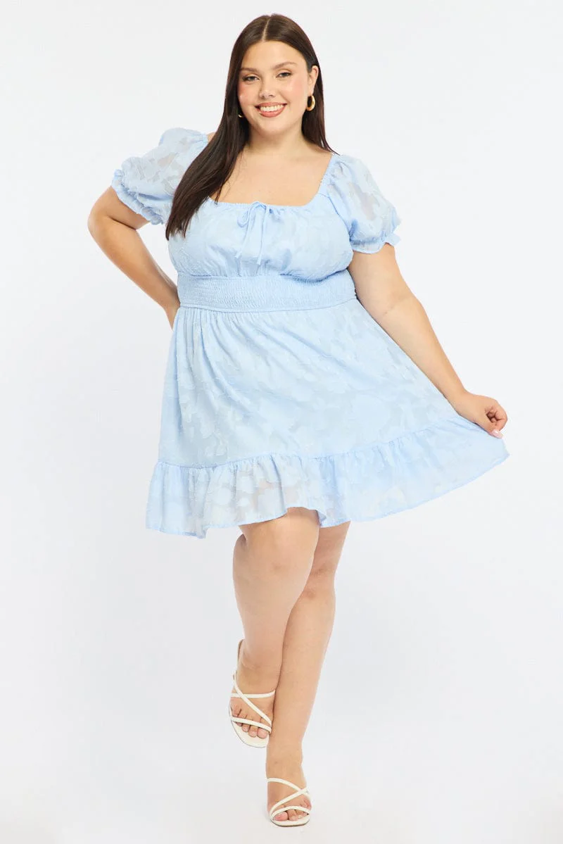 Blue Skater Dress Short Sleeve Jacquard - Image 2