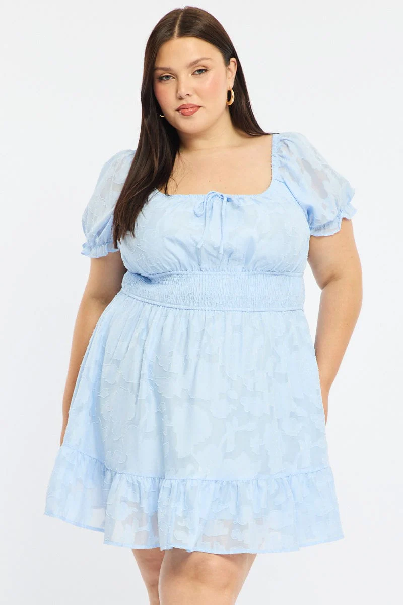 Blue Skater Dress Short Sleeve Jacquard - Image 3