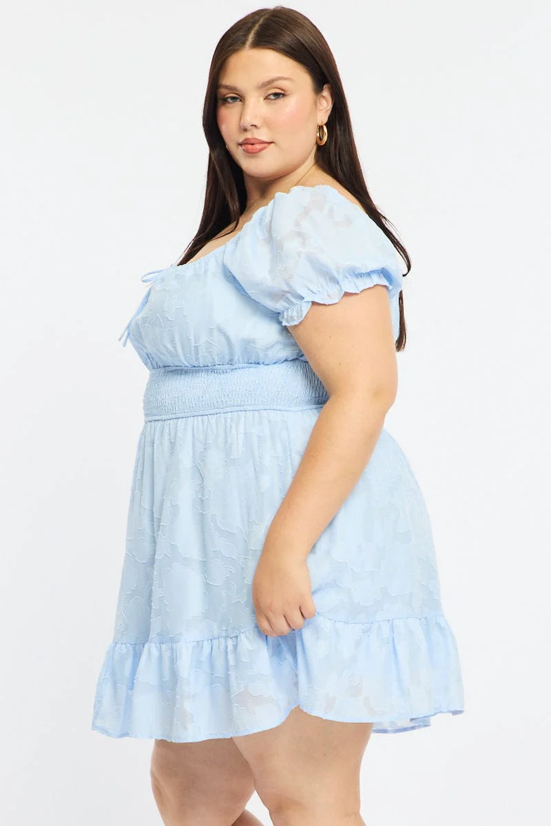 Blue Skater Dress Short Sleeve Jacquard - Image 4
