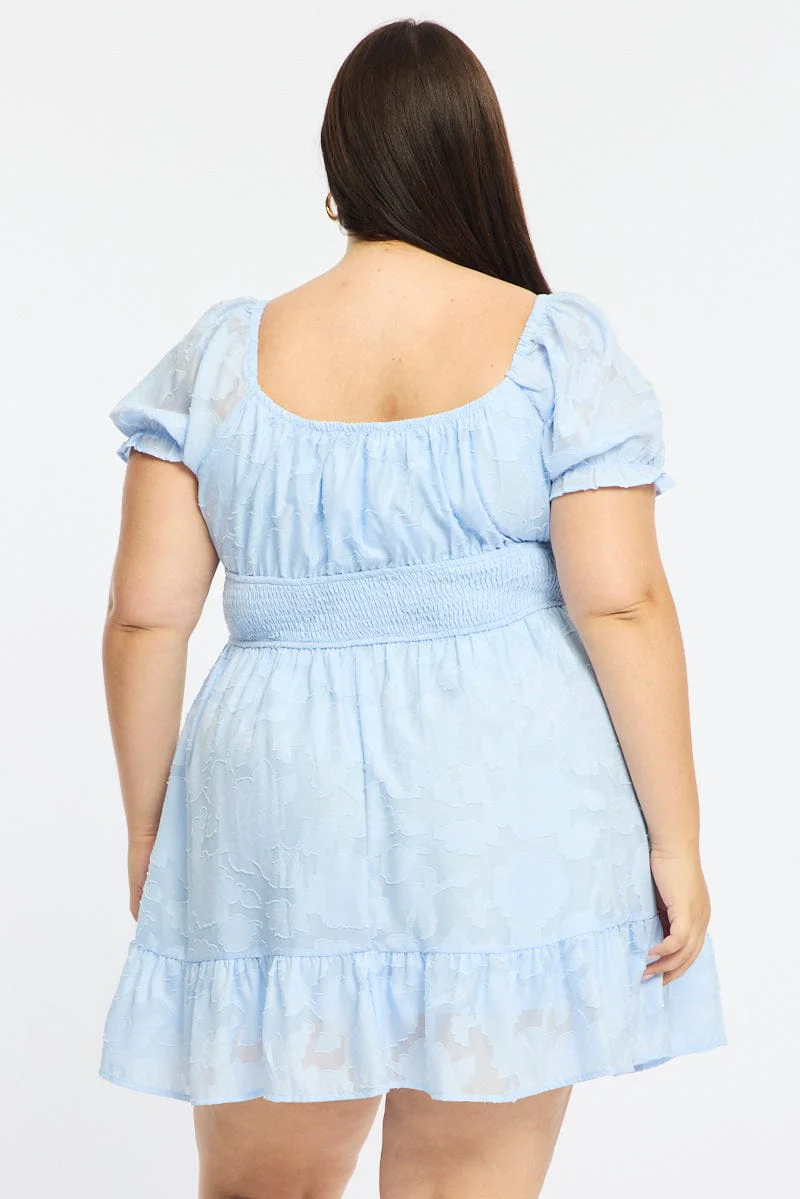 Blue Skater Dress Short Sleeve Jacquard - Image 5