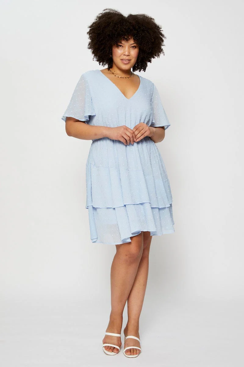 Blue Skater Dress Textured V-neck Short Sleeve - Image 2