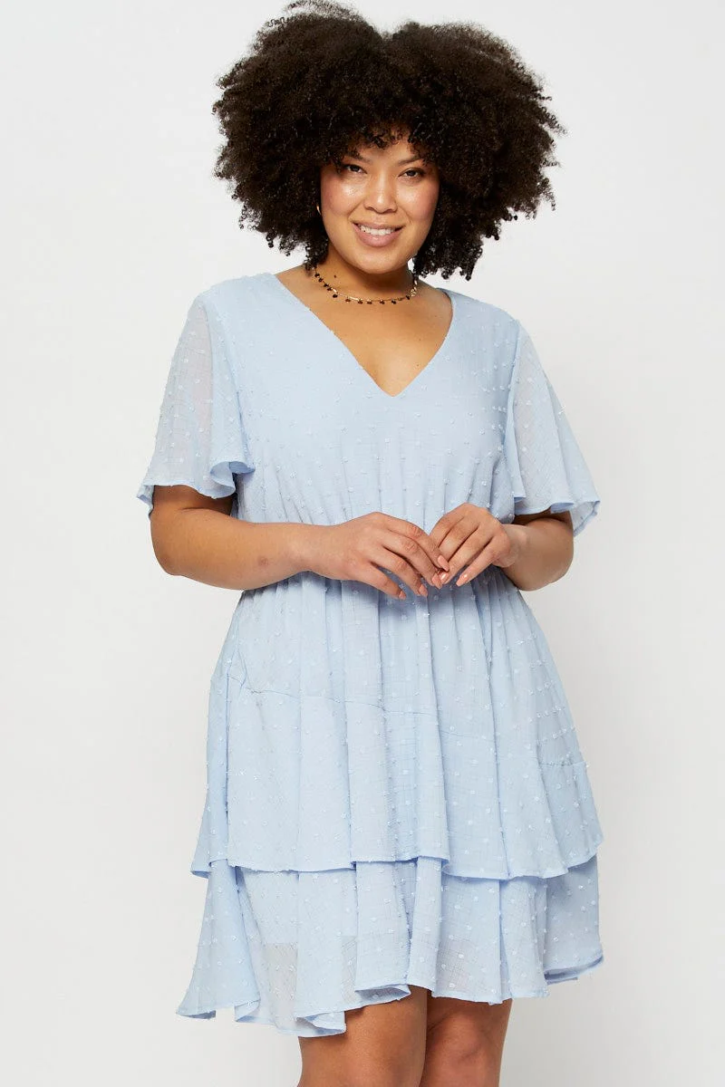Blue Skater Dress Textured V-neck Short Sleeve - Image 3