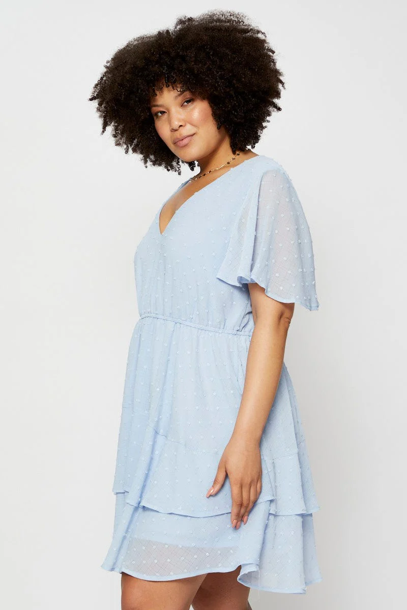 Blue Skater Dress Textured V-neck Short Sleeve - Image 4