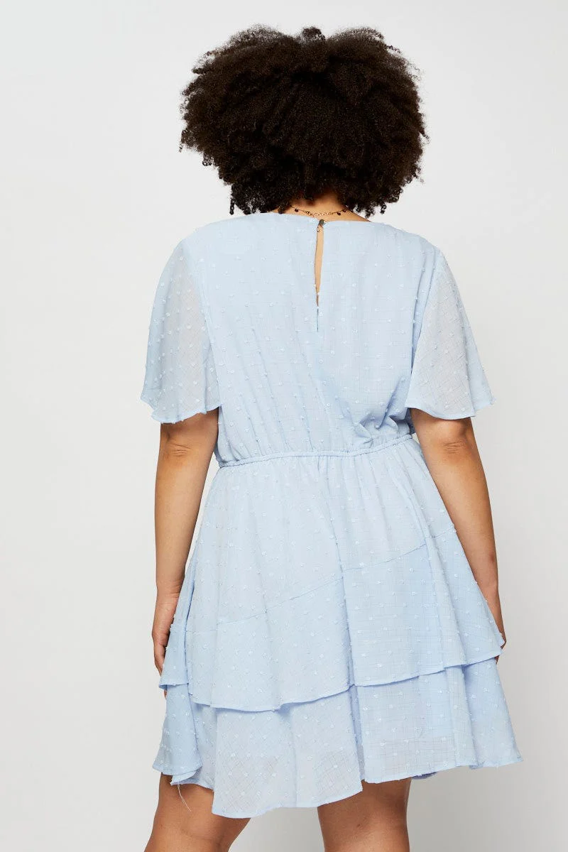 Blue Skater Dress Textured V-neck Short Sleeve - Image 5