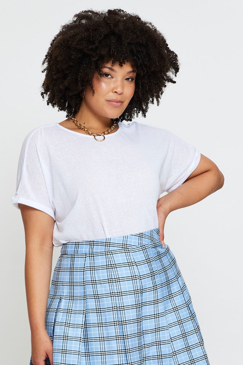 Blue Sleeve T-shirt Round Neck Cuff Short
