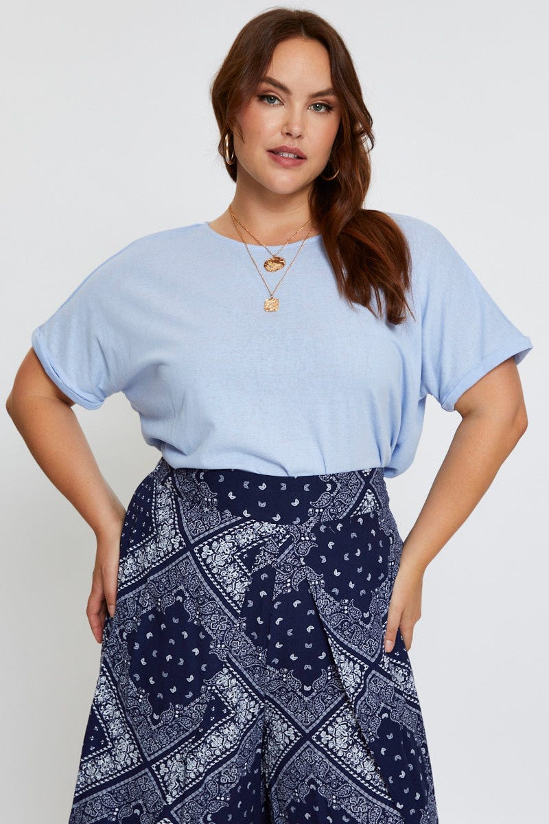 Blue Sleeve T-shirt Round Neck Cuff Short - Image 5
