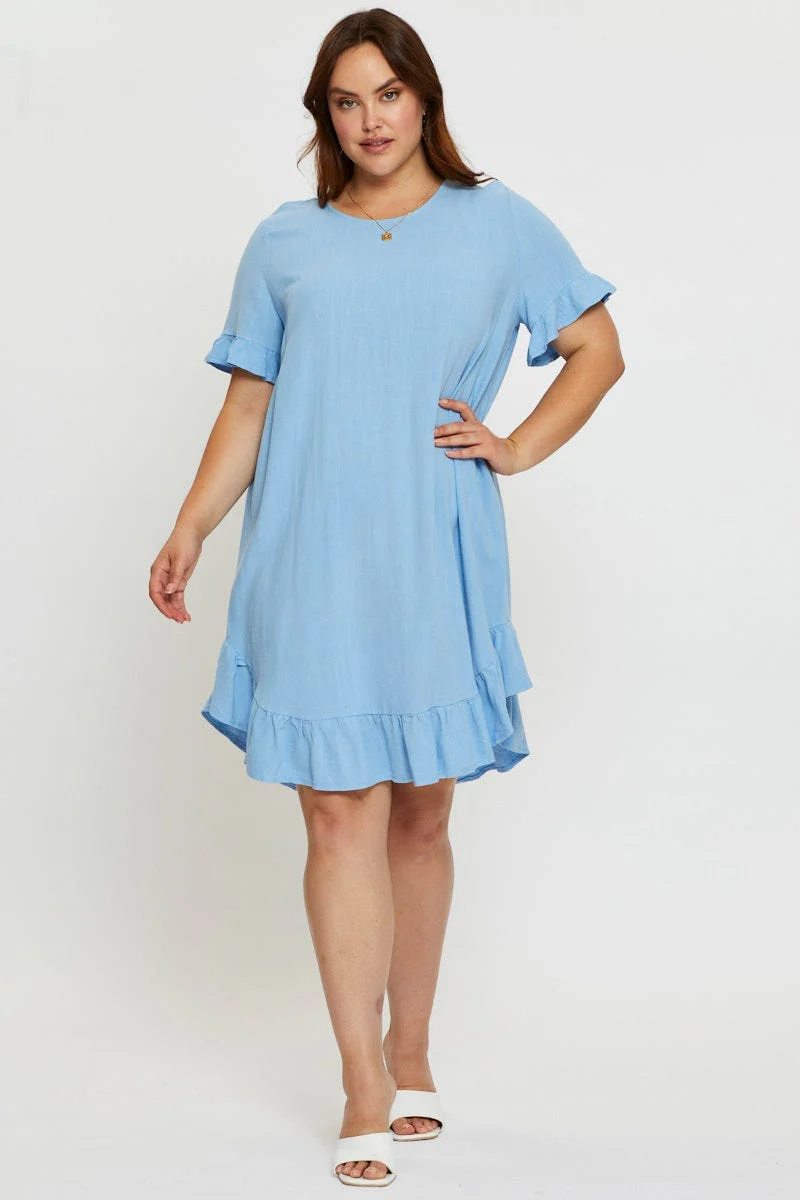 Blue Smock Dress Round Neck Short Sleeve Ruffle Hem - Image 2