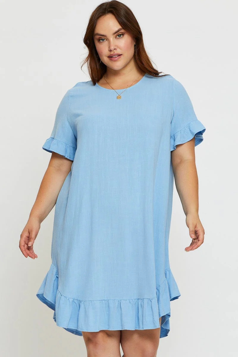 Blue Smock Dress Round Neck Short Sleeve Ruffle Hem - Image 3