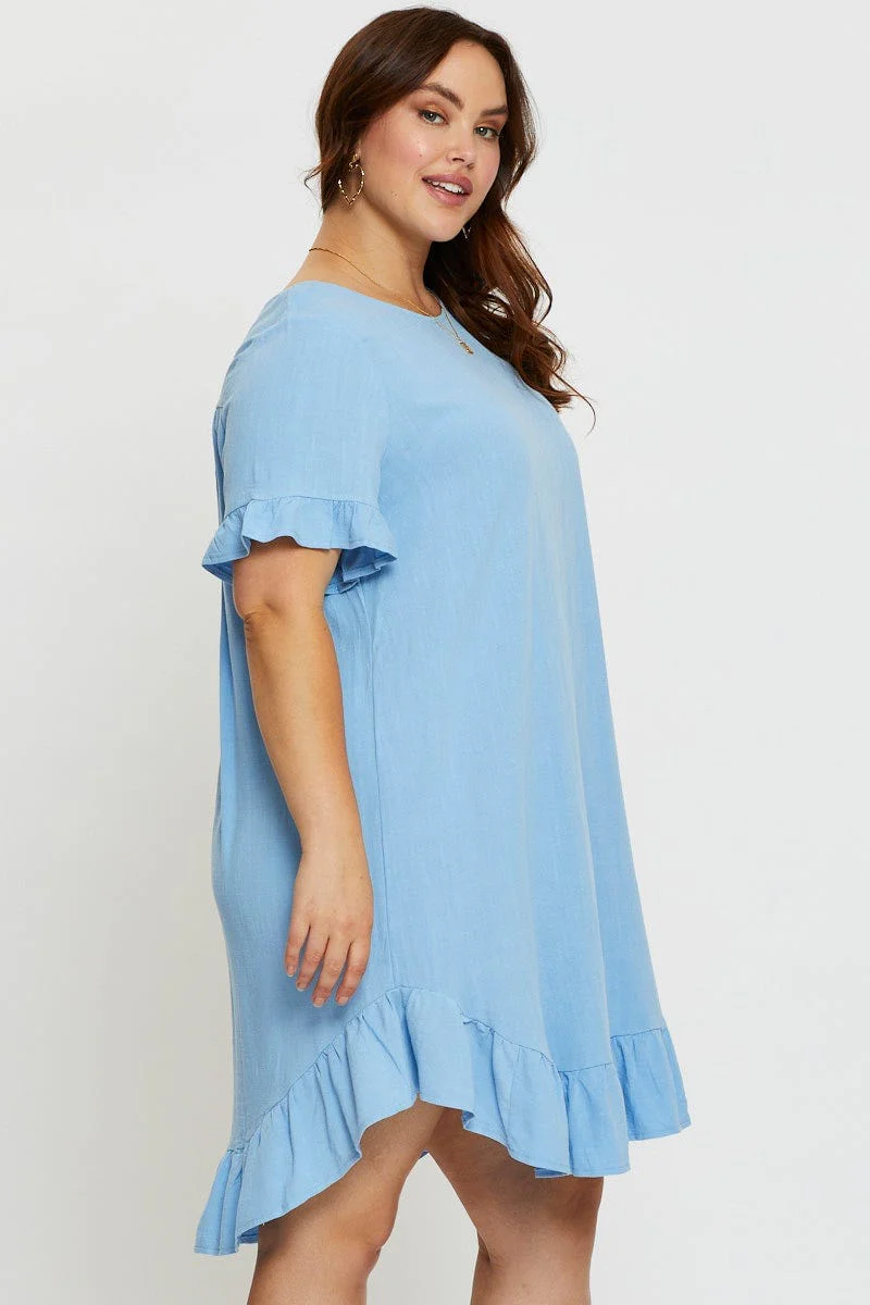 Blue Smock Dress Round Neck Short Sleeve Ruffle Hem - Image 4