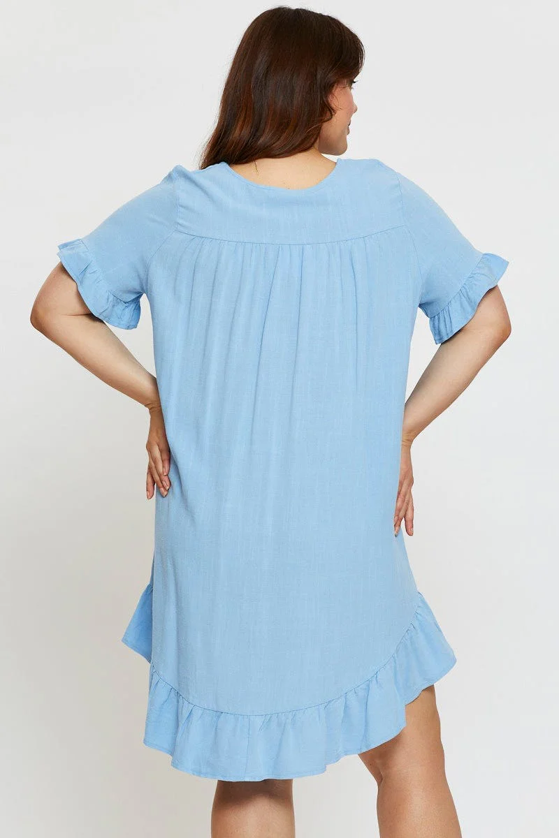 Blue Smock Dress Round Neck Short Sleeve Ruffle Hem - Image 5