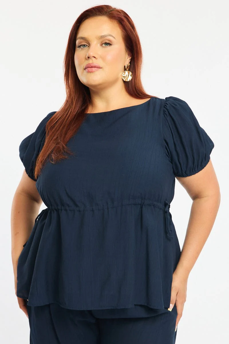 Blue Smock Top Short Sleeve