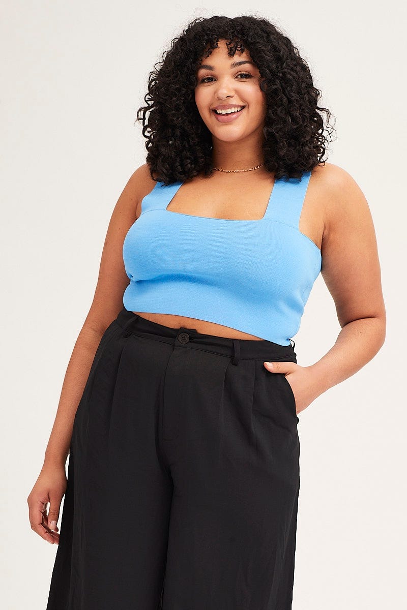 Blue Square Neck Sleeveless Crop Knit Top - Image 3