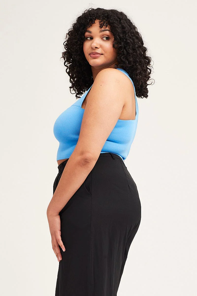Blue Square Neck Sleeveless Crop Knit Top - Image 4